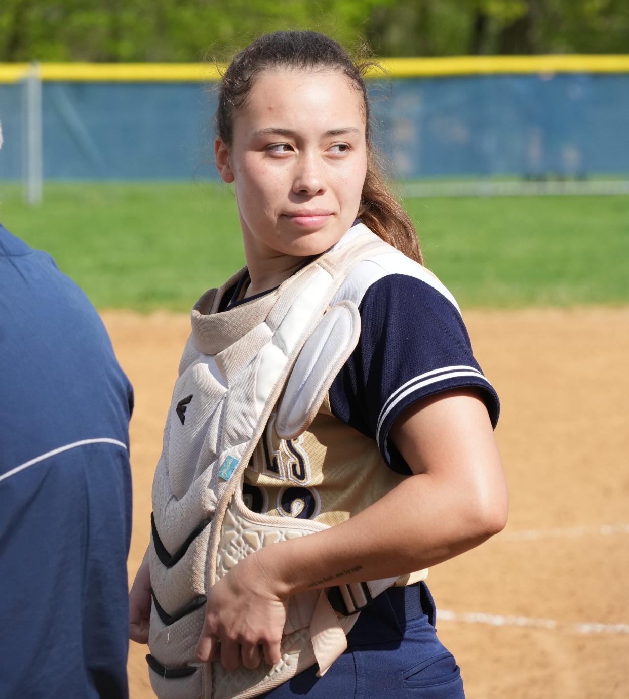 Oakland, NJ -- May 1, 2024 -- Catcher, Sophia Underfer of Indian Hills as Ramapo faced Indian Hills in Softball played at Indian Hills in Oakland.