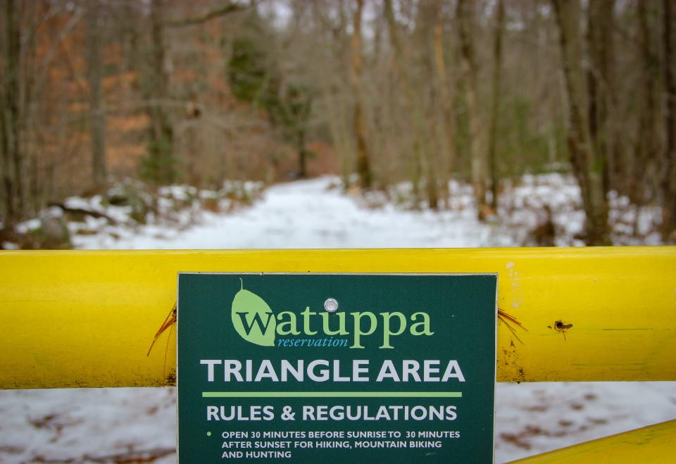 A gate blocks motorized vehicles from entering a hiking trail on Blossom Road in Fall River in the Southeastern Massachusetts Bioreserve.