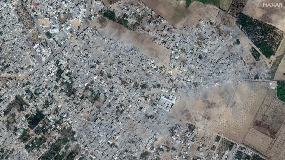 Whole neighborhoods have been flattened in Israel's strikes on Gaza. Pictured here is part of Beit Hanoun, Gaza, on October 21 - Satellite image ©2023 Maxar Technologies