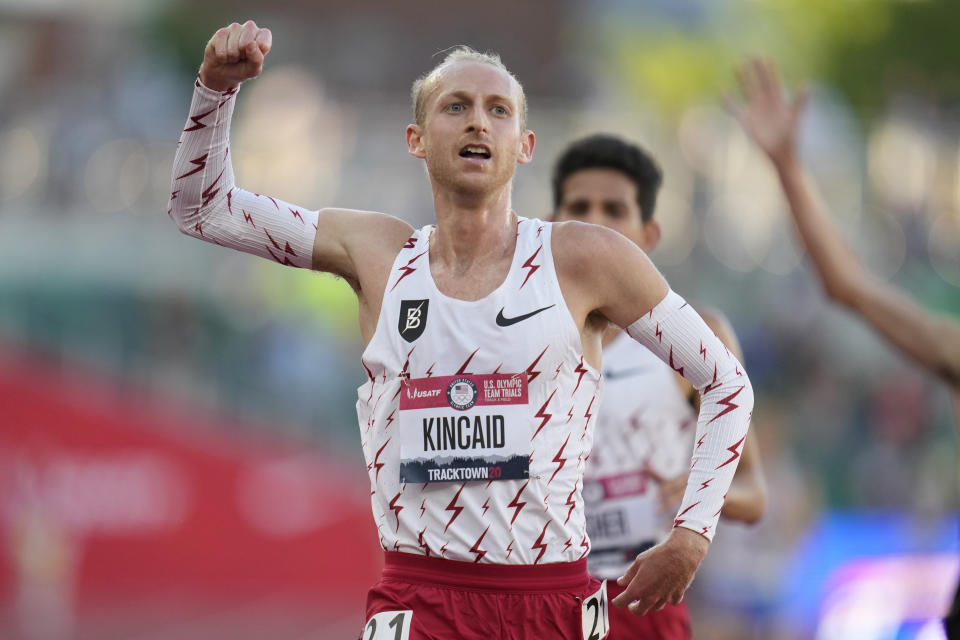 Woody Kincaid celebrates after winning the men's 10000-meter run at the U.S. Olympic Track and Field Trials Friday, June 18, 2021, in Eugene, Ore. (AP Photo/Ashley Landis)