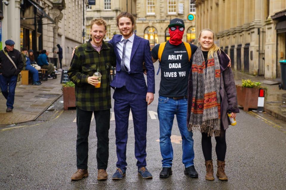 Milo Ponsford, left, Sage Willoughby, second left, Jake Skuse, in mask, and Rhian Graham outside Bristol Crown Court (Ben Birchall/PA) (PA Wire)