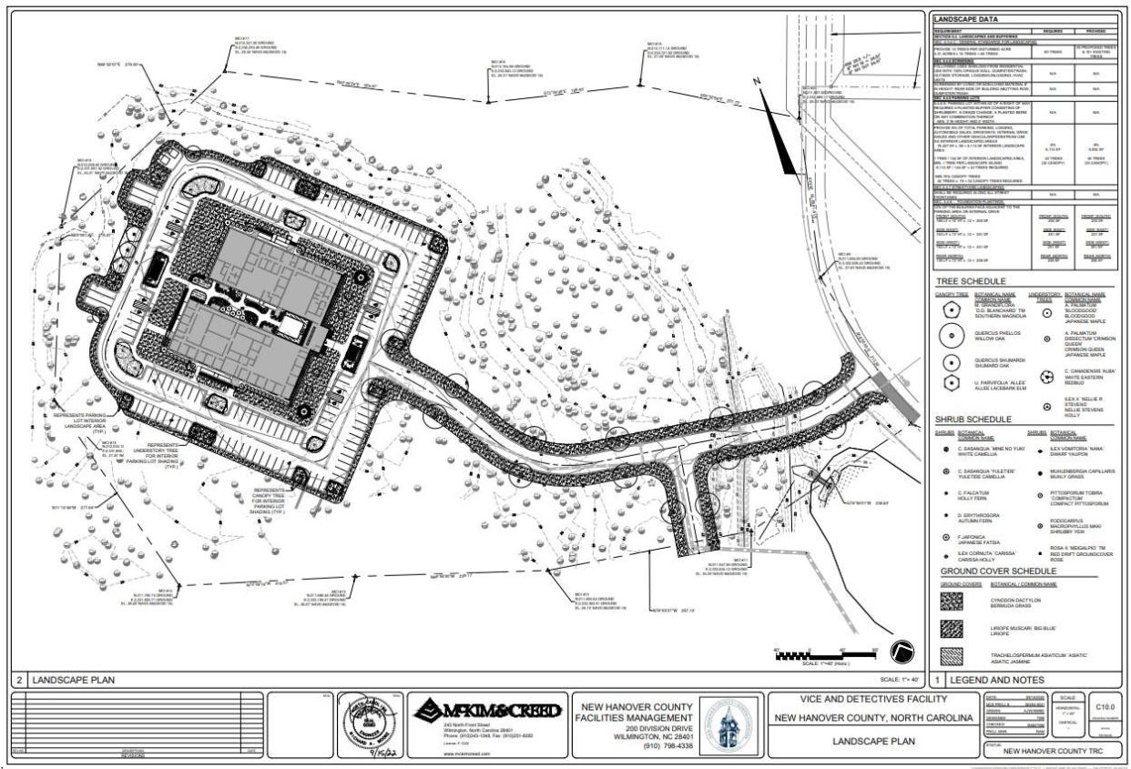 A site plan for a $7.6 million new facility that will house operations for the New Hanover County Sheriff's Detectives and Vice and Narcotic Unit. Construction for the facility is scheduled to finish in September of 2024.