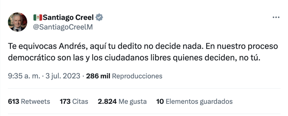 Tuit de Creel contra AMLO