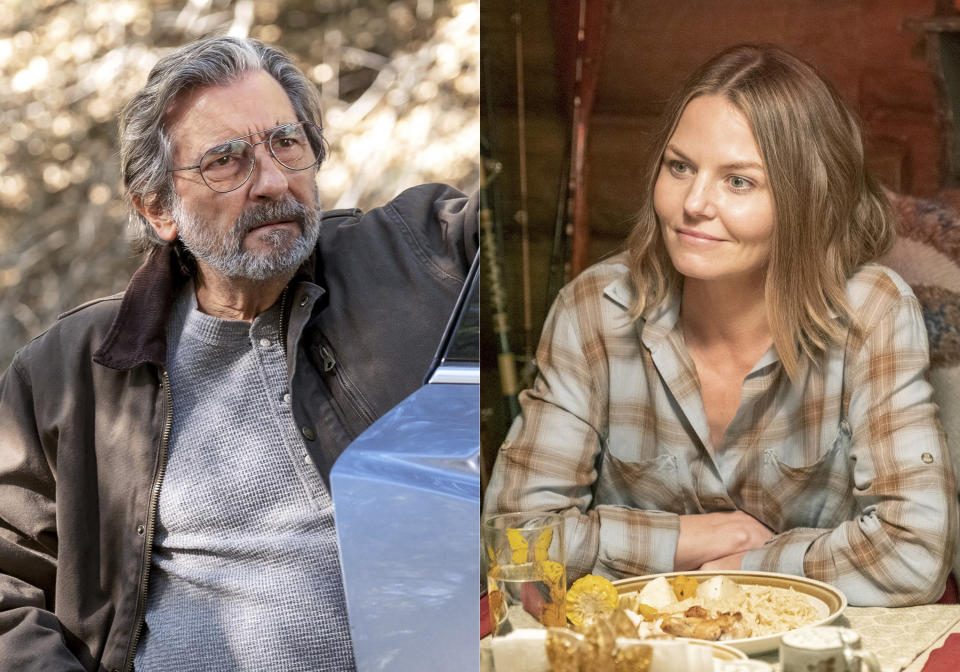 This combination of photos released by NBC shows Griffin Dunne as Nicky in a scene from "The Guitar Man" episode of "This Is Us," left, and Jennifer Morrison as Cassidy, in a scene from the "Heart and Soul" episode of "This Is Us." Dunne and Morrison portray veterans in the Vietnam war and Afghanistan War, respectively. (Ron Batzdorff/NBC via AP)