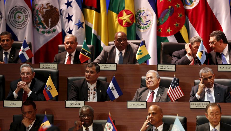 Cuba's President Castro, Ecuador's President Correa, El Salvador's President Sanchez Ceren and U.S. President Obama attend the inauguration ceremony of VII Summit of the Americas in Panama City