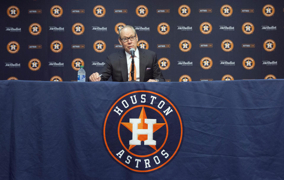 Houston Astros owner Jim Crane speaks at a news conference in Houston, Monday, Jan. 13, 2020. Crane opened the news conference by saying manager AJ Hinch and general manager Jeff Luhnow were fired for the team's sign-stealing during its run to the 2017 World Series title. (Yi-Chin Lee/Houston Chronicle via AP)