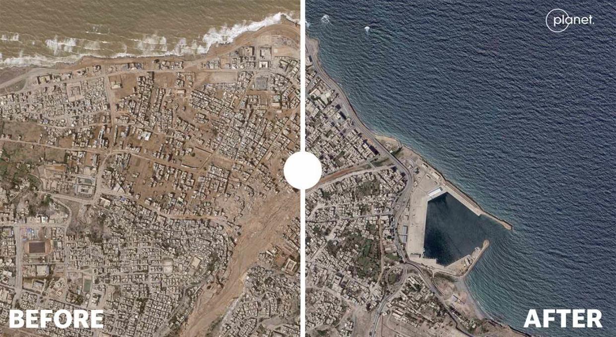 Image shows coast of Libya before and after flooding (Planet Labs PBC)
