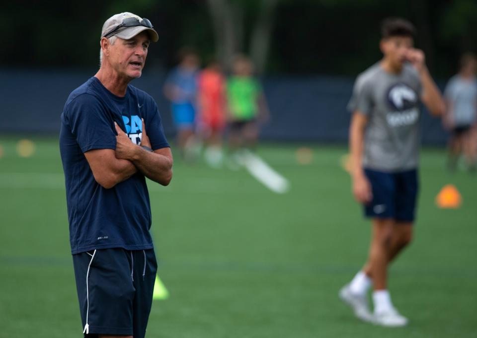 Head coach Tom Mulligan watches over practice. Christian Brothers Academy soccer prepares for the upcoming fall season. 
Lincroft, NJ
Thursday, August 17, 2023