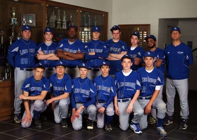 Nico Ortiz, second from right in back row, threw a perfect game in his first-ever start — Lake Ridge Academy