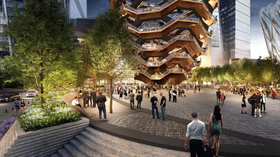 Thomas Heatherwick's Vessel is the centerpiece of Hudson Yards' landscaped public plaza.