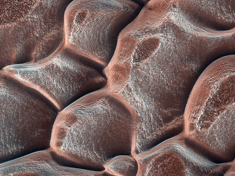 The most striking aspect of this image is the honeycomb-like pattern of the dunes.  This is a seasonal monitoring site, meaning HiRISE takes pictures across the seasons to view what changes occur and what causes them. The surface here is covered with seasonal carbon dioxide frost. In this case, we can compare locations of cracks in the frost to previous images.   (Caption: HiRISE Science Team)