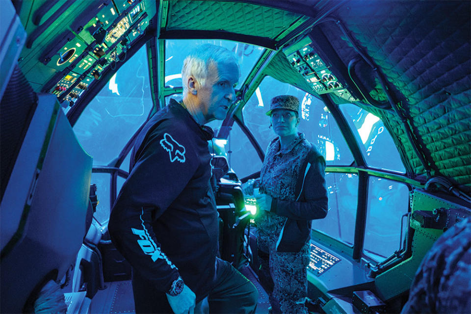 Cameron with Edie Falco on the set of The Way of Water. When he’s not working, the director’s hobbies include deep-sea diving. In 2012, Cameron became the first person to complete a solo dive to the Mariana Trench, the deepest point in the world’s oceans.