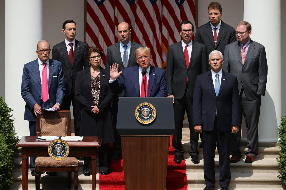 WASHINGTON, DC - JUNE 05: U.S. President Donald Trump speaks during a news conference in the Rose Garden at the White House June 05, 2020 in Washington, DC. In the midst of nationwide protests against the death of George Floyd, the U.S. Labor Department announced the unemployment rate fell to 13.3 percent in May, a surprising improvement in the nation’s job market as hiring rebounded faster than economists expected in the wake of the novel coronavirus pandemic. (Photo by Chip Somodevilla/Getty Images)