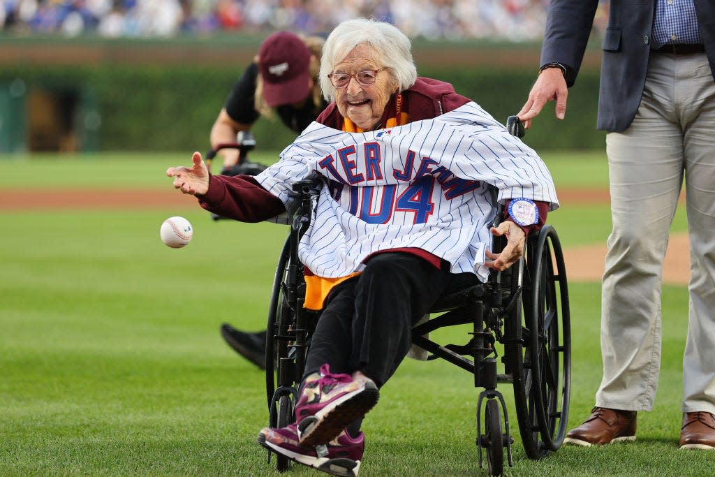 Sister Jean throwing the first pitch at a recent Brewers-Cubs baseball game