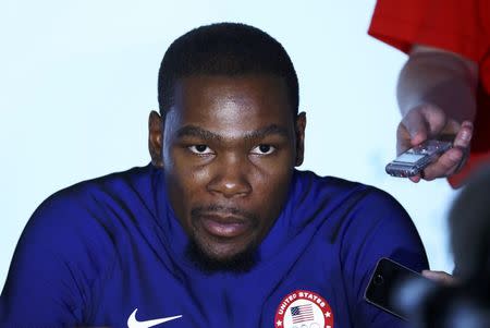 Kevin Durant (USA) of the U.S. attends a news conference. REUTERS/Lucy Nicholson
