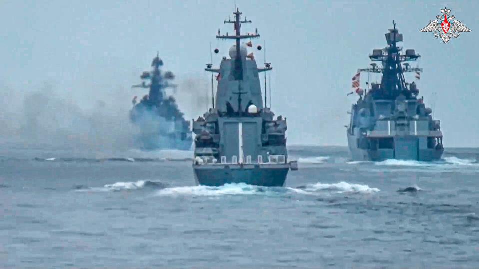 In this photo released by Russian Defense Ministry Press Service on Friday, July 21,2023, warships of the Russian Black Sea Fleet sail while taking part in naval drills in the Black Sea.