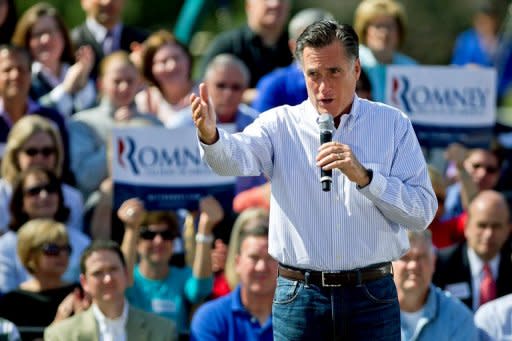 Republican presidential candidate Mitt Romney speaks to supporters during a campaign stop at Kirkwood Park March 13, 2012, in Missouri. Romney faces a tough battle to become the party's White House contender after rival Rick Santorum cemented his position as the conservative alternative with double wins in the Deep South