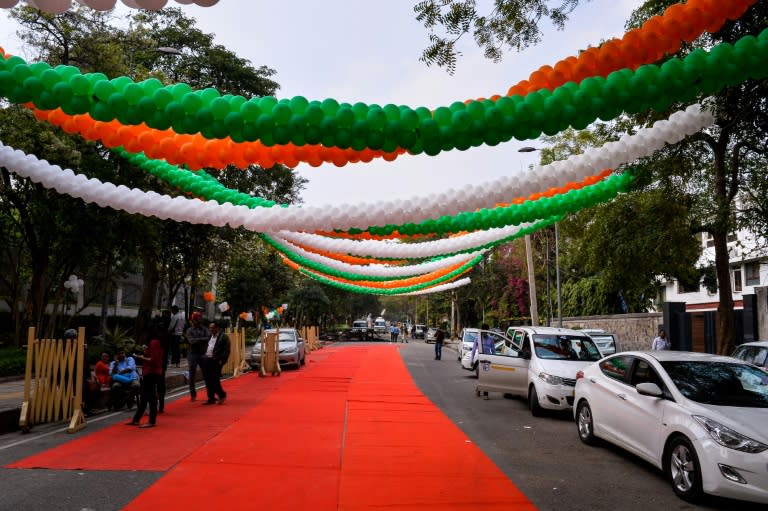 Red carpet and decorative balloons outside the residence of Delhi Chief Minister Arvind Kejriwal