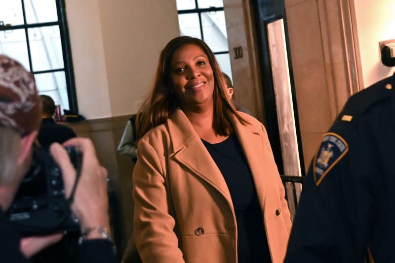 New York Attorney General Letitia James enters the courtroom as former President Donald Trump attends his civil fraud trial at the New York State Supreme Court in New York on Wednesday. Trump is accused of inflating the value of his properties by billions of dollars to obtain favorable loan terms from banks. Photo by Dave Sanders/UPI