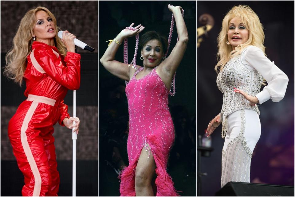 L-R: Kylie Minogue, Shirley Bassey and Dolly Parton performing in the Legends Slot on the Pyramid Stage at Glastonbury Festival (Getty)