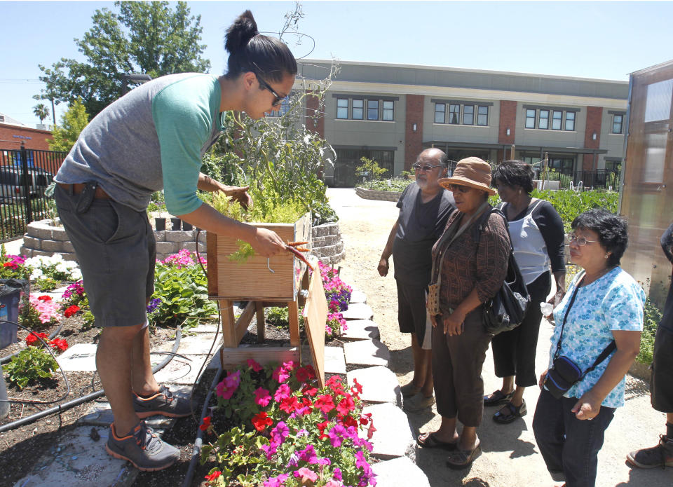 In this photo taken Tuesday, June 11, 2013 Greg Norrish, left, discusses the growing of carrots during a home gardening seminar at the Sacramento Food Bank in Sacramento, Calif. Along with distributing food to low-income clients, the food bank provides seminars, soil, plants and tools for people to organically grow their own vegetables at home.(AP Photo/Rich Pedroncelli)