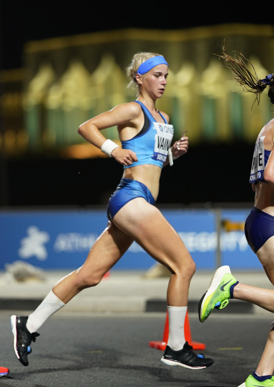 Finland's Alisa Vainio races during the women's marathon at the World Athletics Championships in Doha, Qatar, Saturday, Sept. 28, 2019. (AP Photo/Nick Didlick, Pool)