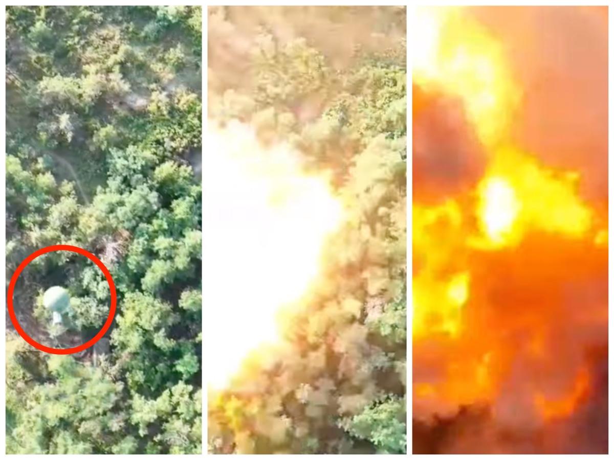 Видео показва огромна експлозия от украински дрон, пускащ граната върху скрит руски склад за амуниции