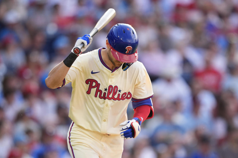 Philadelphia Phillies' Trea Turner reacts after flying out against Miami Marlins pitcher A.J. Puk during the seventh inning of a baseball game, Saturday, June 29, 2024, in Philadelphia. (AP Photo/Matt Slocum)