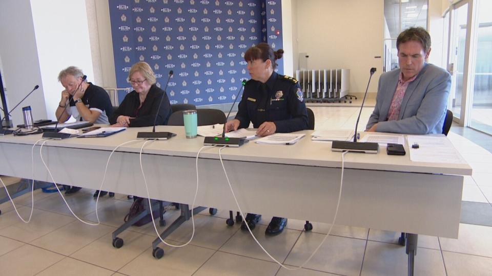 Deputy Chief Lorilee Davies, second from right, speaks at the Regina Police Service Board of Police Commissioners meeting on June 25, 2024.