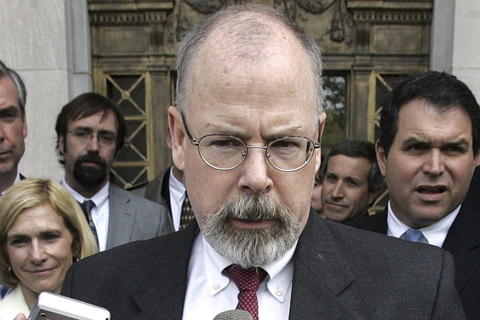 FILE - In this April 25, 2006 file photo, U.S. Attorney John Durham speaks to reporters on the steps of U.S. District Court in New Haven, Conn.  Former FBI lawyer Kevin Clinesmith will plead guilty to making a false statement in the first criminal case arising from U.S. Attorney John Durham's investigation into the probe of ties between Russia and the 2016 Trump campaign. (AP Photo/Bob Child, File)