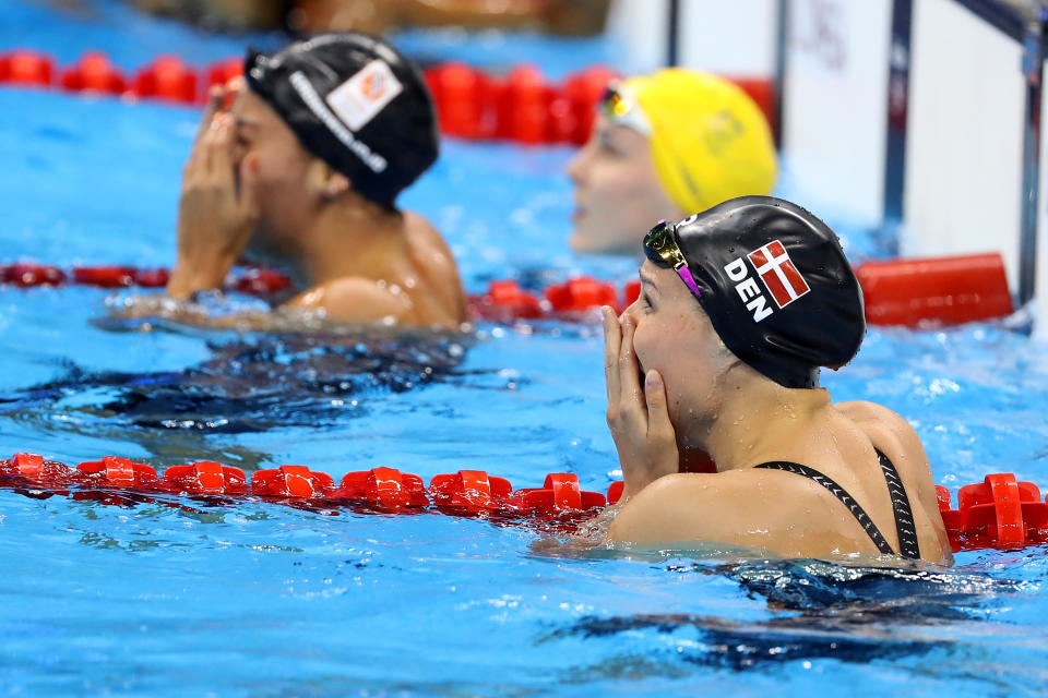 RIO DE JANEIRO, BRAZIL - AUGUST 13:  Pernille Blume of Denmark celebrates winning the Women's 50m Freestyle Final on Day 8 of the Rio 2016 Olympic Games at the Olympic Aquatics Stadium on August 13, 2016 in Rio de Janeiro, Brazil.  (Photo by Al Bello/Getty Images)