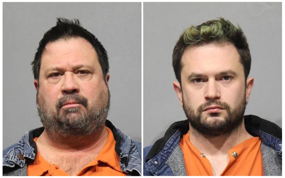 FILE - This combination of photos released by the Washtenaw County Jail, shows David Daniels, left, and William Scott Walters, in Ann Arbor, Mich. Daniels and Walters were arrested in 2019 and accepted a deal to plead guilty to sexual assault of an adult, a second-degree felony. Both were sentenced to eight years' probation and required to register as sex offenders. (Washtenaw County Jail via AP, File)