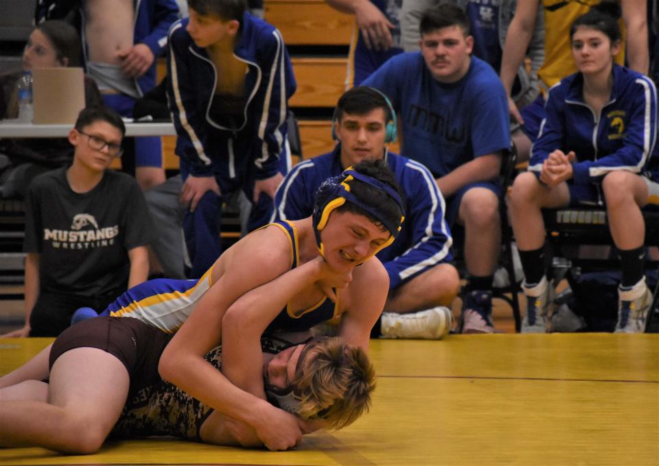 Mt. Markham teammates watch Brad Burke compete as a freshman 145-pounder in a match at Central Valley Academy's 2019 Valley Duals. The tournament returns Saturday with Mt. Markham among the five teams competing with Central Valley Academy in Ilion.