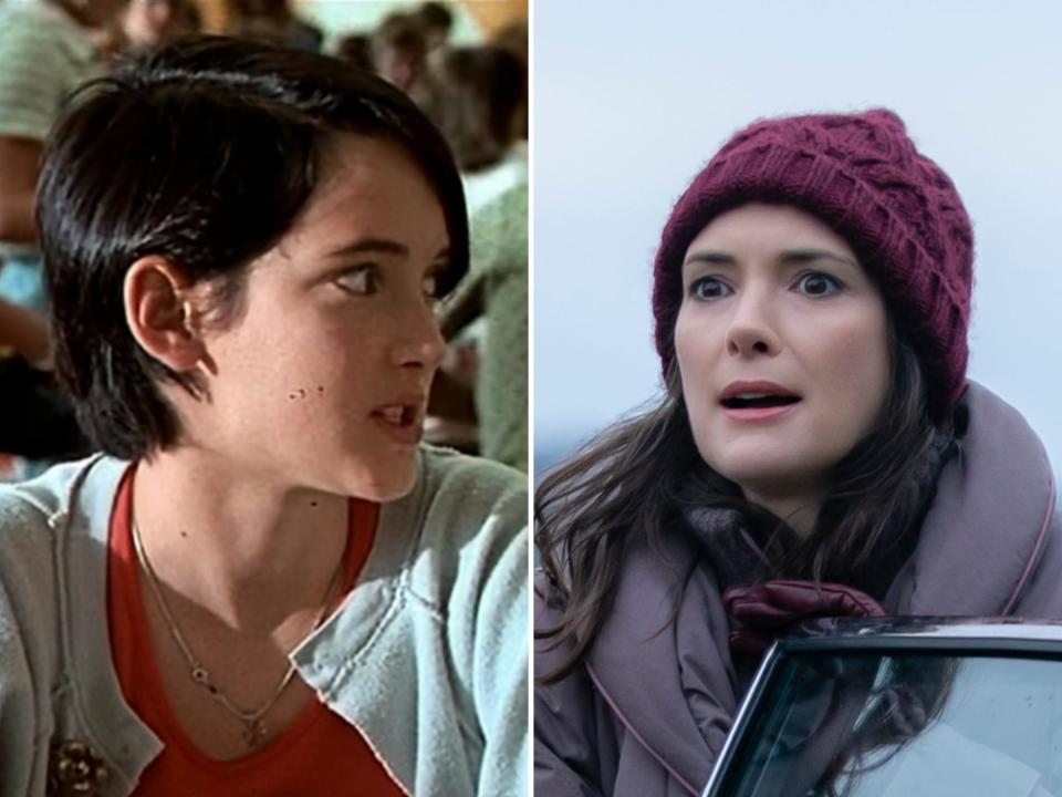 left: a teenage winona ryder with short, cropped black hair, looking to the side and wearing an orange shirt with a white cardigan in the film lucas; right: an older winona ryder as joyce byers in stranger things, stepping out from a car and wearing a heavy coat and hat