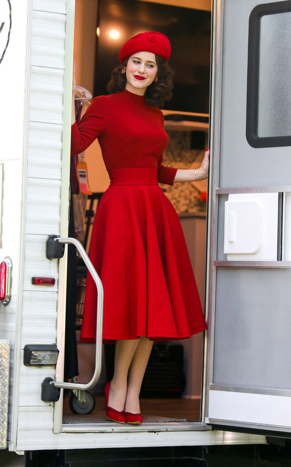 <p>Brosnahan looked ready for action as she emerged from her trailer in a stunning red ensemble on June 10. </p>