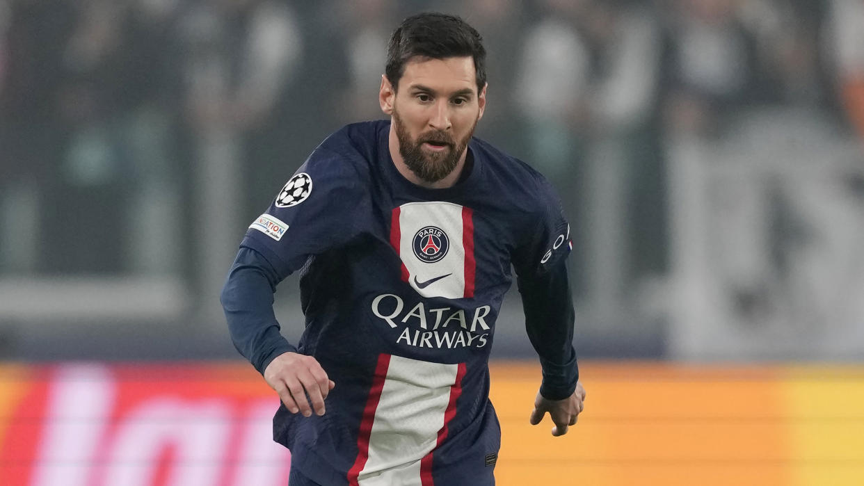 PSG's Lionel Messi controls the ball during the Champions League group H soccer match between Juventus and Paris Saint Germain at the Allianz stadium in Turin, Italy, Wednesday, Nov. 2, 2022. (AP Photo/Antonio Calanni)