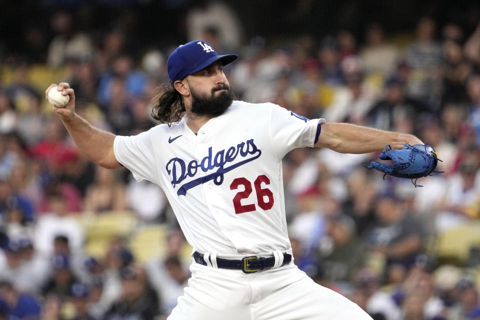 Los Angeles Dodgers starting pitcher Tony Gonsolin throws to the plate during the third inning of a baseball game against the Los Angeles Angels Friday, July 7, 2023, in Los Angeles. (AP Photo/Mark J. Terrill)