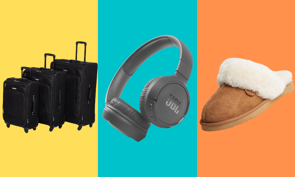 suitcase, headphones, slippers