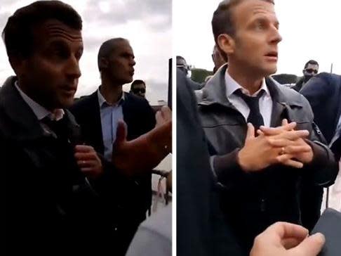 Emmanuel Macron was met with hecklers on a stroll in central Paris on Bastille Day: Paul Larrouturou / Twitter