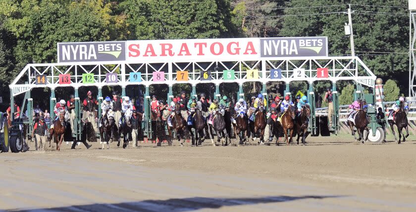 FILE - In this Aug. 27, 2016, file photo, horses break from the gate at the start of the Travers Stakes horse race at Saratoga Race Course in Saratoga Springs. Triple Crown winner Justify won't be running during the 150th meet at Saratoga Race Course, but many of the best thoroughbreds will be at the historic track for the 40-day season. The meet features 69 stakes races worth $18.8 million in purses and opens Friday, July 20, 2018. (AP Photo/Hans Pennink, File)
