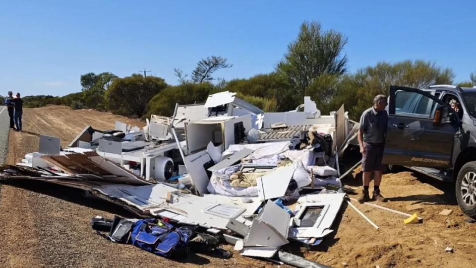 The caravan was left in pieces after the incident. Photo: Dash Cam Owners Australia