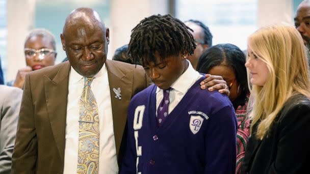 PHOTO: Civil Rights attorney Ben Crump stands with Elijah Edwards, 14, a student at Sail High School during a 'Stop The Black Attack' rally against ongoing state legislation at the Florida State Capitol building in Tallahassee, Fla., Jan. 25, 2023. (Octavio Jones/Reuters)