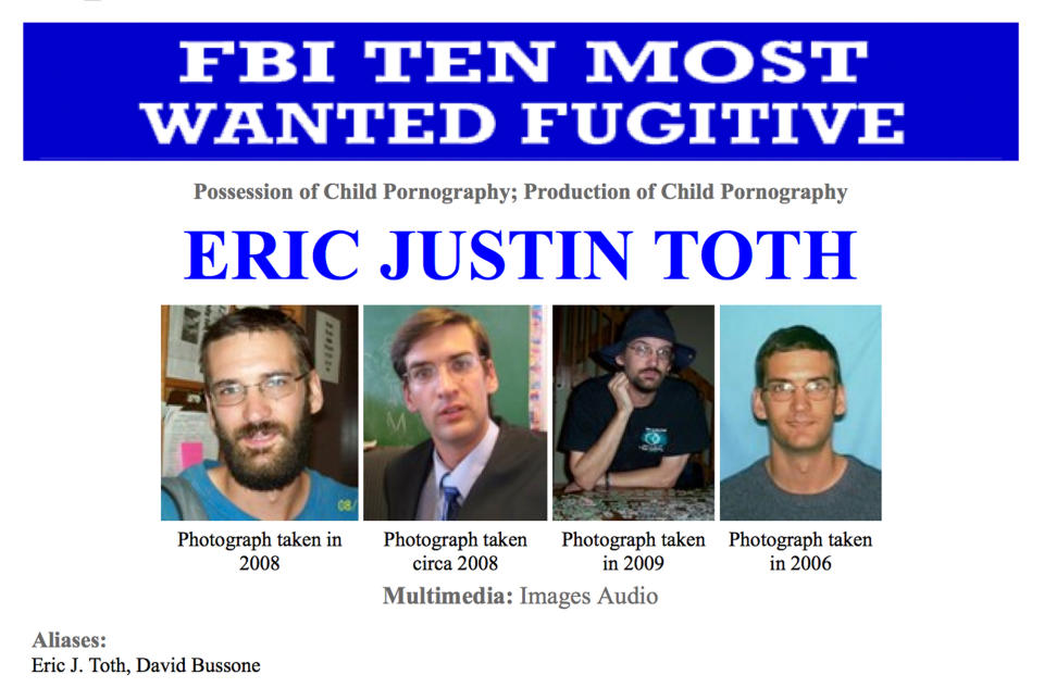 This image made from the Federal Bureau of Investigation "Ten Most Wanted" section of the website on Wednesday, April 11, 2012 shows Eric Justin Toth. A former Washington private school teacher who was captured in Nicaragua after a year on the FBI's "Ten Most Wanted" fugitives list is scheduled to be sentenced in a child pornography case. Eric Toth's hearing is set for Tuesday in Washington. (AP Photo/FBI)