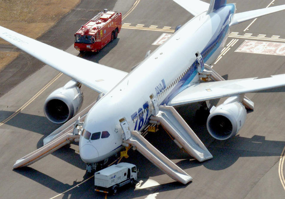 An All Nippon Airways flight sits at Takamatsu airport in Takamatsu, western Japan after it made an emergency landing Wednesday, Jan. 16, 2013. The flight to Tokyo from Ube in western Japan landed at the airport after a cockpit message showed battery problems, in the latest trouble for the Boeing 787 “Dreamliner.” (AP Photo/Kyodo News) JAPAN OUT, MANDATORY CREDIT, NO LICENSING IN CHINA, HONG KONG, JAPAN, SOUTH KOREA AND FRANCE