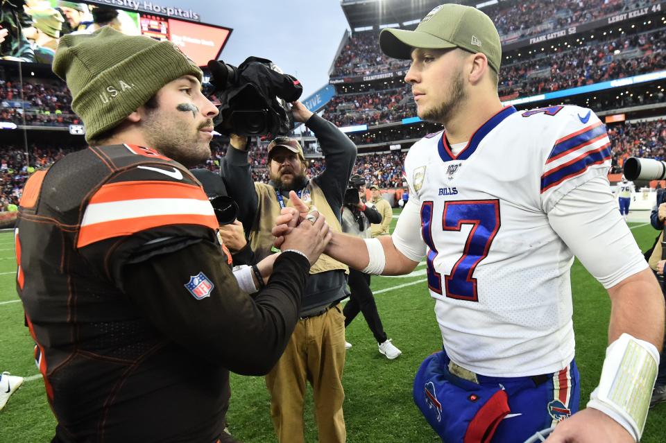 Browns quarterback Baker Mayfield shakes hands with Bills quarterback Josh Allen after a game in Cleveland, Nov. 10, 2019.