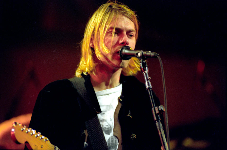 Kurt Cobain of Nirvana during MTV Live and Loud: Nirvana Performs Live - December 1993 at Pier 28 in Seattle, Washington, United States. (Photo by Jeff Kravitz/FilmMagic, Inc)