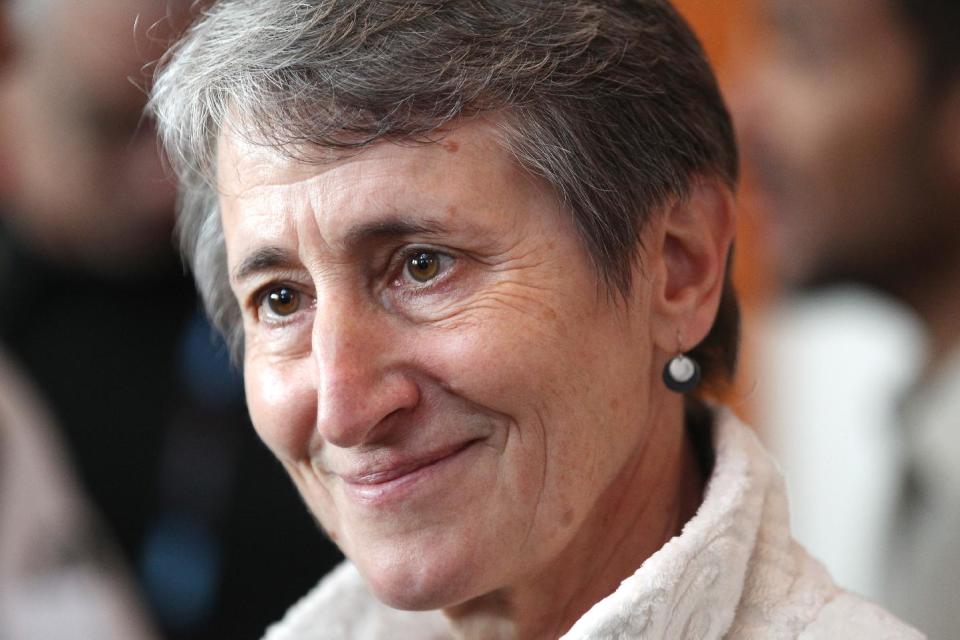 Secretary of the Interior Sally Jewell speaks reporters during a trade show for outdoor gear makers Wednesday, Jan. 22, 2014, in Salt Lake City. Jewell made a pitch Wednesday for a privately funded youth conservation corps and sought donations for the effort from executives at an outdoor-gear trade show. (AP Photo/Rick Bowmer)