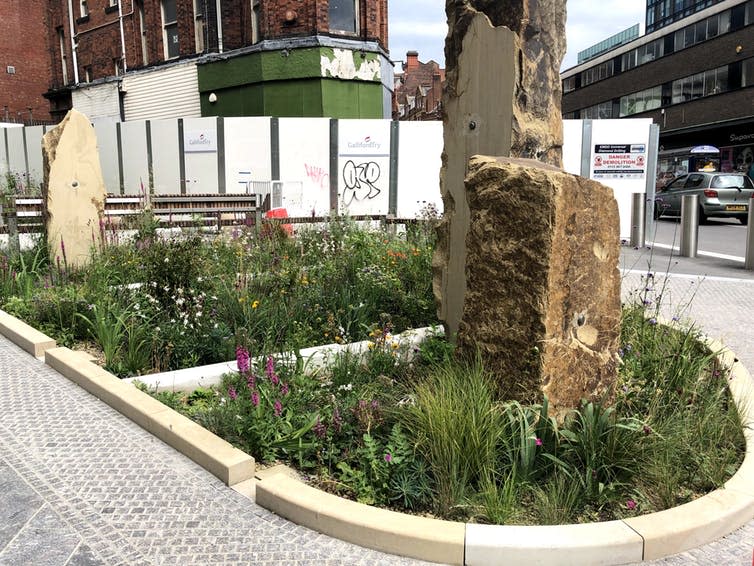 <span class="caption">Beautiful sunken rain gardens like this one in Sheffield can help to soak up the flow.</span> <span class="attribution"><span class="source">© Liz Sharp</span>, <span class="license">Author provided</span></span>