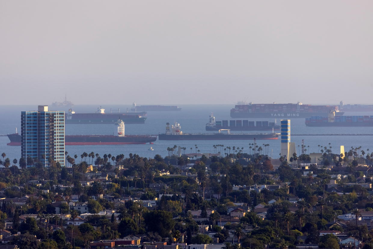 Container ships wait off the coast of the congested ports of Los Angeles and Long Beach, in Long Beach, California, U.S., September 29, 2021. REUTERS/Mike Blake