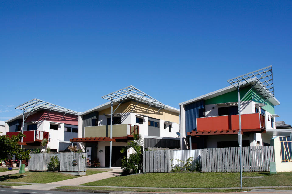 New modern detached urban apartments with blue sky for copy space. Click to see more...